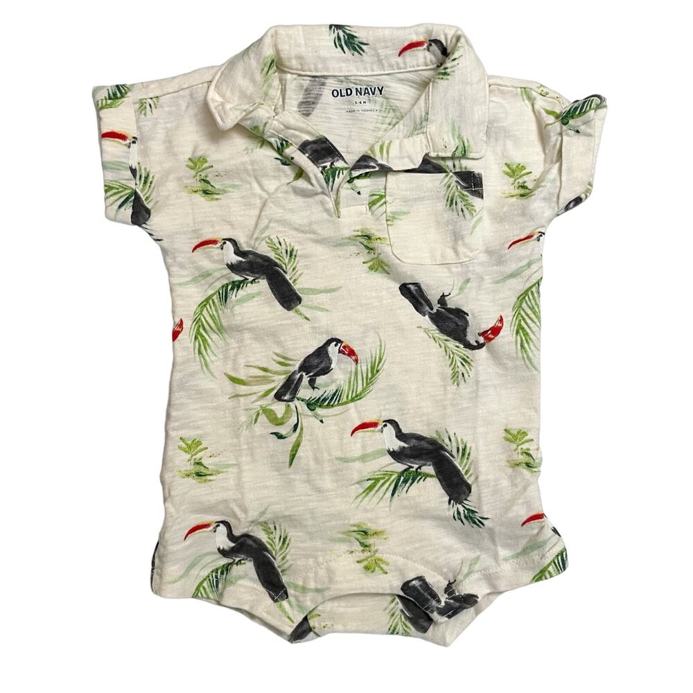 Old Navy Baby Romper Toucan Print Cream Polo Family Matching Outfit Size 3-6 M